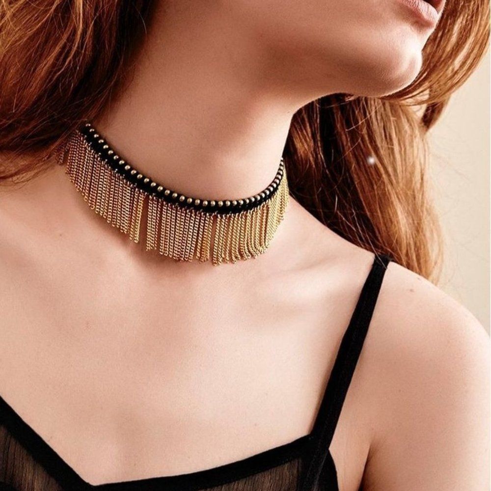 Nordstrom Treasure And Bond Sead Fringe Choker Necklace Nwt 89.00 Black Gold